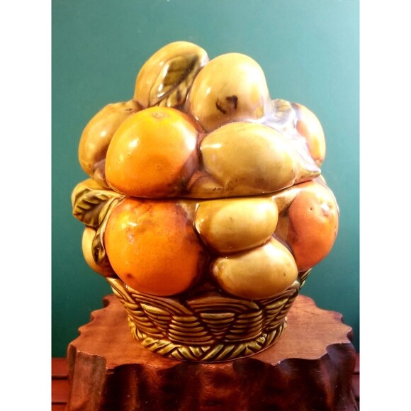 Vintage Inarco E3354 Covered Candy Dish Oranges Lemons Fruit Design 6.5"H 6"Dia - Picture 3 of 9